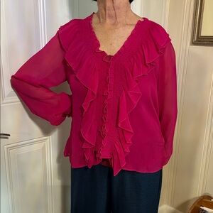 Zara Hot Pink Ruffle V-Neck Blouse